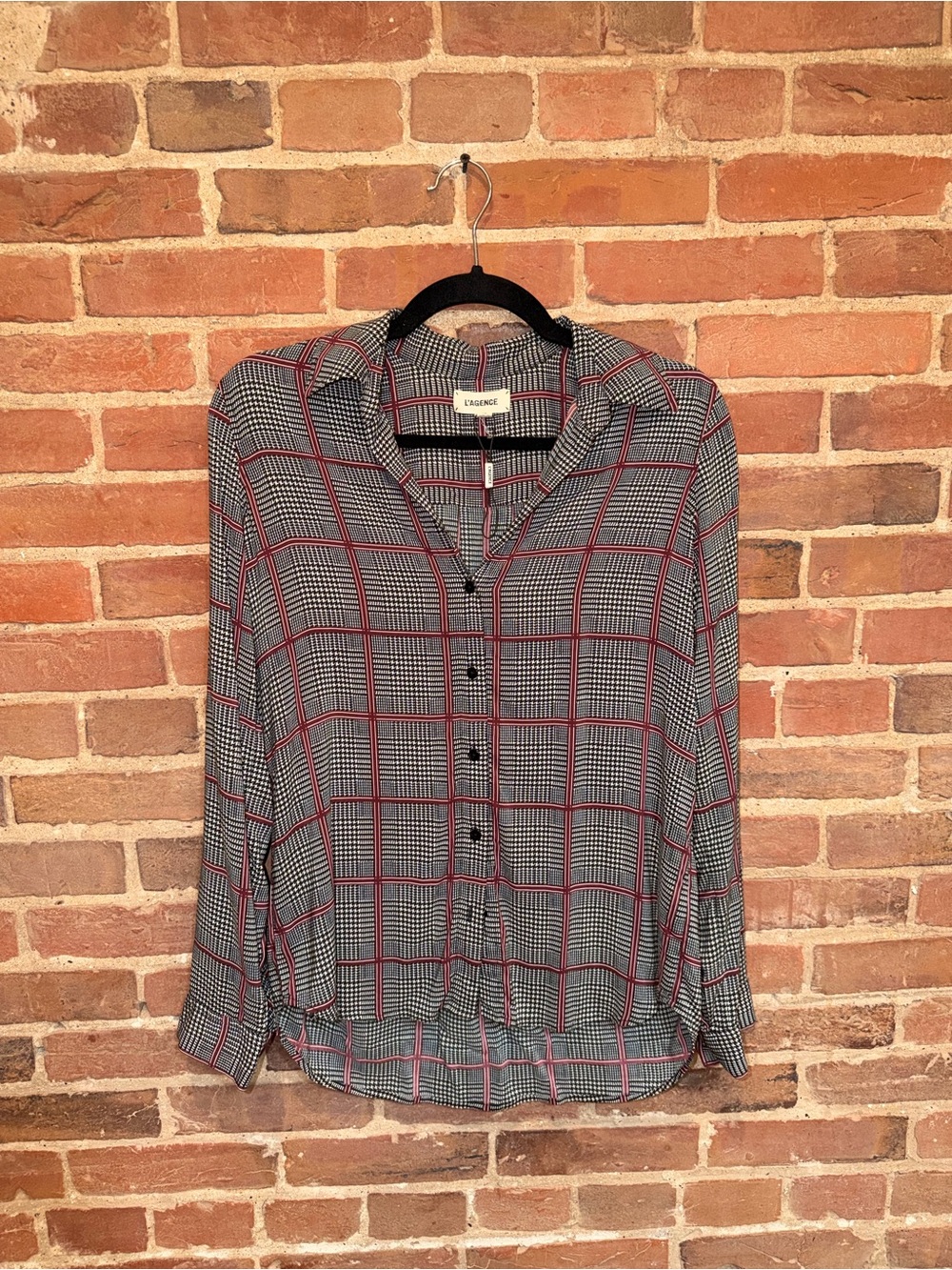 L'AGENCE Gray Plaid Button-Up Shirt with Red Windowpane
